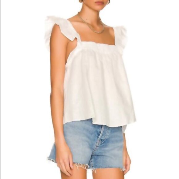 NEW Anthro Bellambra Pure White Linen Ruffle Trim Top Size S Made in Italy - Picture 1 of 6